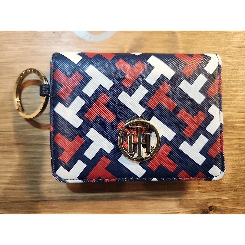 TOMMY HILFIGER LEATHER WALLET‎ W/keychain Red White & Bluw
